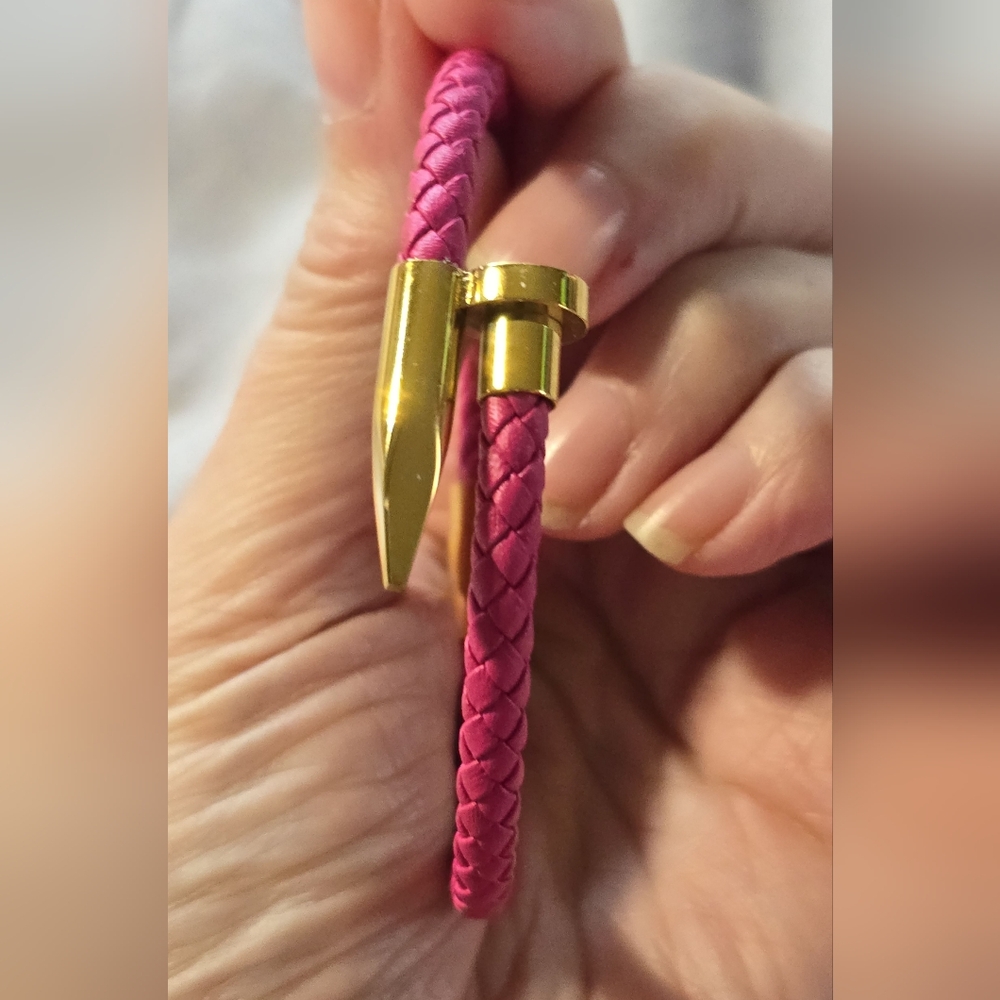 Pink Braided Leather Bracelet with Gold Accents - Picture 2 of 6